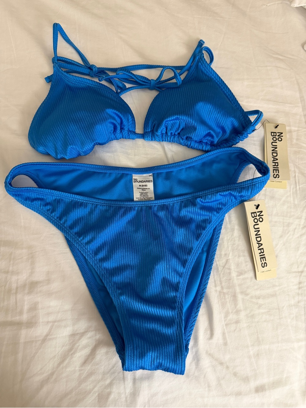 No Boundaries Women's Bright Blue Ribbed String Bikini Set